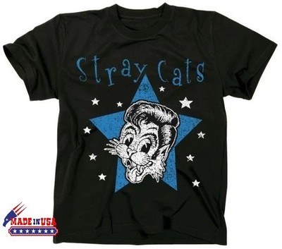 Vintage STRAY CATS Band Star Cat Cotton Black Full Size T-Shirt - NO IMPORT FEES