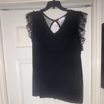 Fyve Black Mesh Ruffle Sleeve Sheer V-Neck Blouse 2X Plus