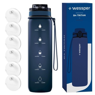 Trinkflasche 1L Tritan Blau Wessper B4 Wasserflasche mit 6 Filtern BPA Frei