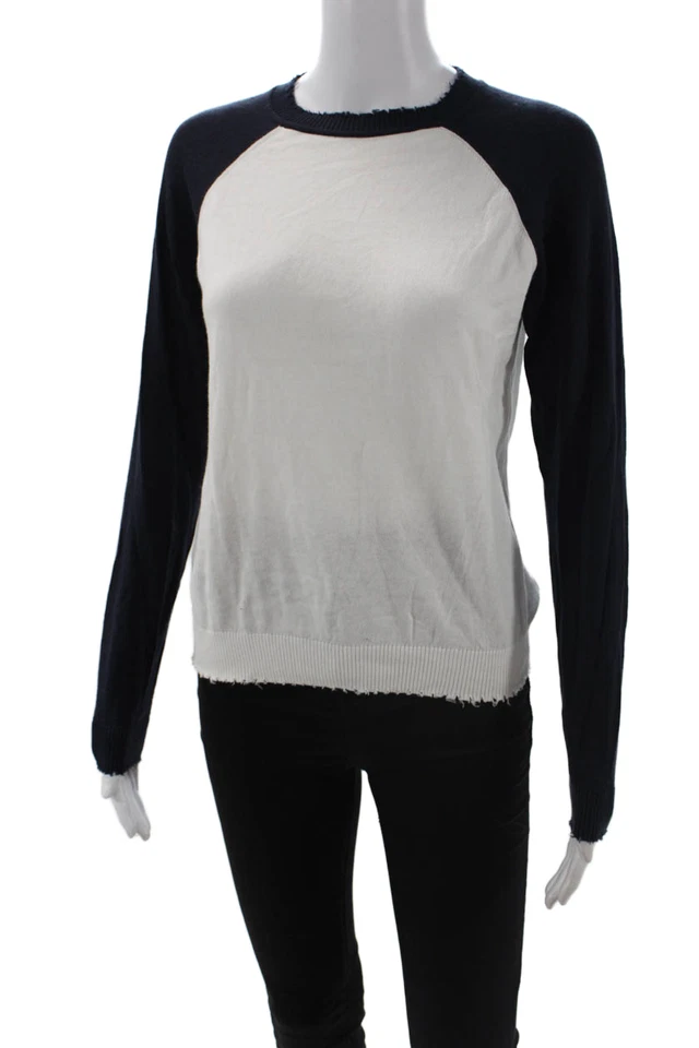 Minnie Rose Womens Long Sleeve Crew Neck Sweatshirt White Blue Cotton Size XS - Image 2 of 4