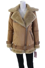 Avec Les Filles Womens Bonded Faux Shearling Biker Jacket - Toffee Size S