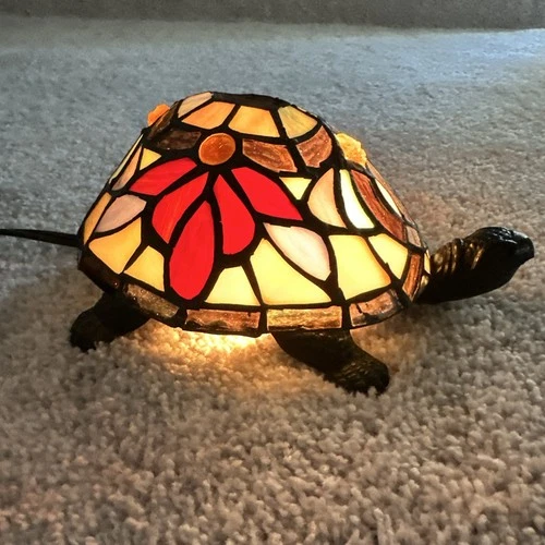 Vintage Tiffany Style Stained Glass Turtle Mosaic Accent Table Lamp
