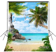 8X10FT Waterfall Summer Beach Palm Tree Seamless Vinyl Backdrop Photo Background
