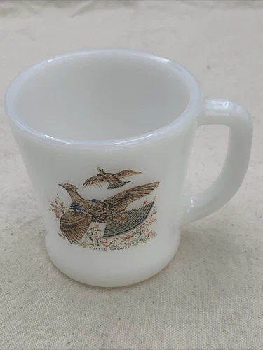 Vintage Fire King Oven Ware "Ruffed Grouse" game bird coffee mug cup milk glass