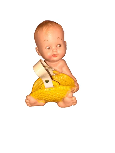 Rubber Baby BOTTLE HOLDER Vintage toy with Yellow Basket 1956 vinyl?  BONNYTEX
