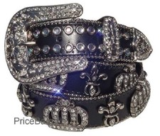 Western Rhinestone Bling Black Crown Fleur De Lis Leather Belt M SM