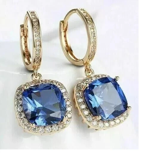 3CT Cushion Lab-Created Blue Sapphire Drop Dangle Earring 14K Yellow Gold Plated - Image 3 of 4