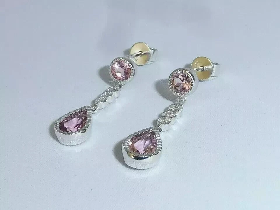 Женские серьги-подвески с грушевидным искусственным розовым сапфиром покрытие белым золотом 14 карат - Изображение 4 из 4