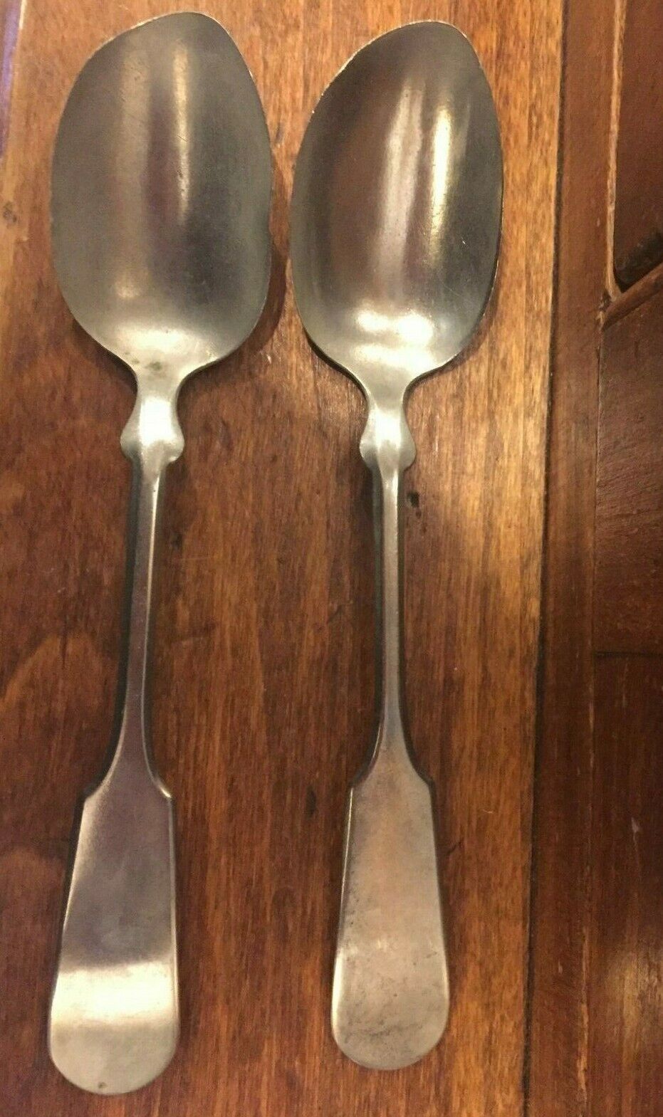 Lot of Two 1870s Union Nickel Co. Large 8" Spoons Silver Rare Find