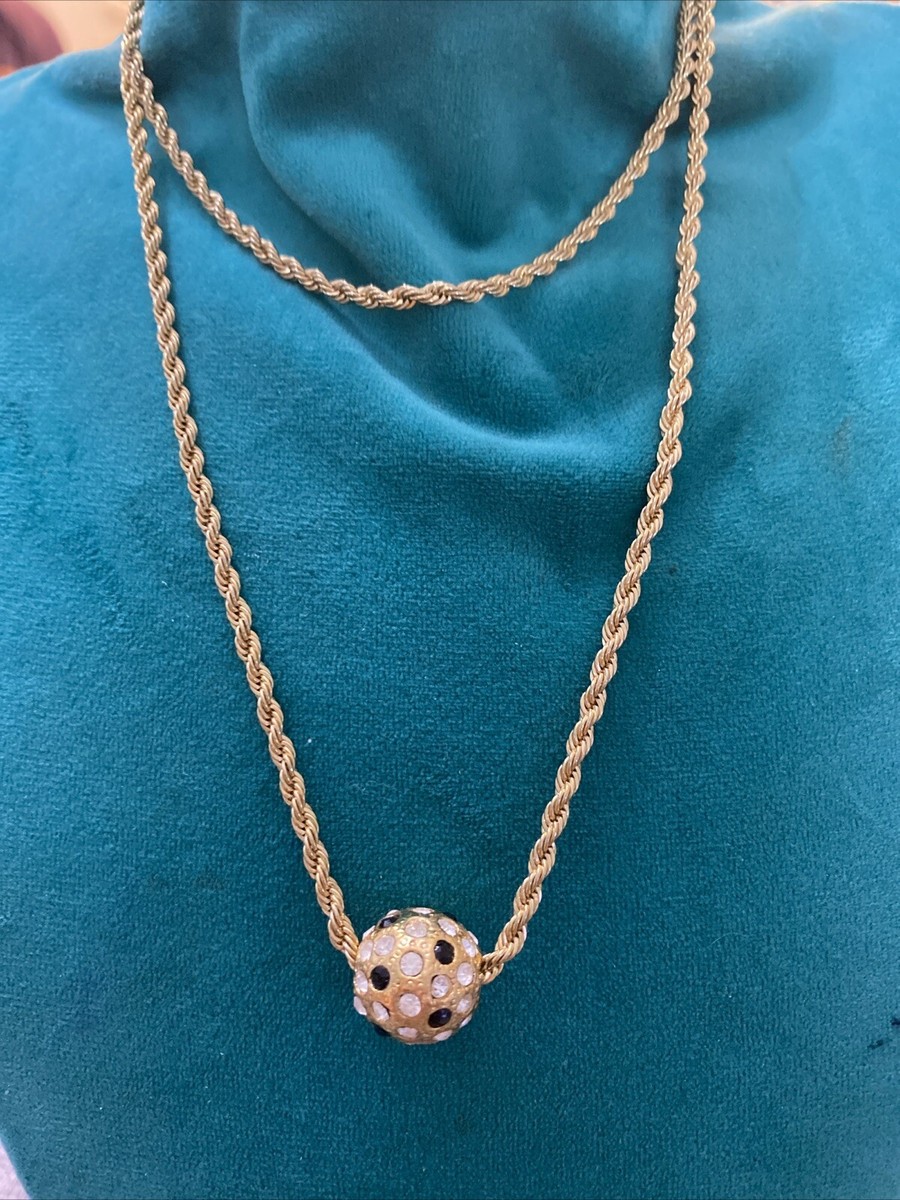 VTG 1990's Gold Tone Rhinestone Encrusted Metal Ball Pendant Rope