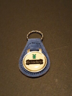 Vintage 1970's Heineken Beer logo car key keychain faux suede leather fob, blue