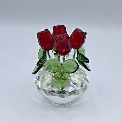 Red Crystal Rose Bouquet Flowers Figurine Ornament Paperweight Sweetheart Gift