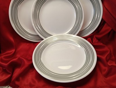 CORELLE ''BRUSHED SILVER GREY'' 4~ 8.5  LUNCHEON PLATES GREY BANDED RIMS ON WHITE