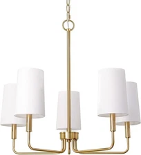 Chandelier, Brushed Brass with White Fabric Shade, Farmhouse Linear Island Light
