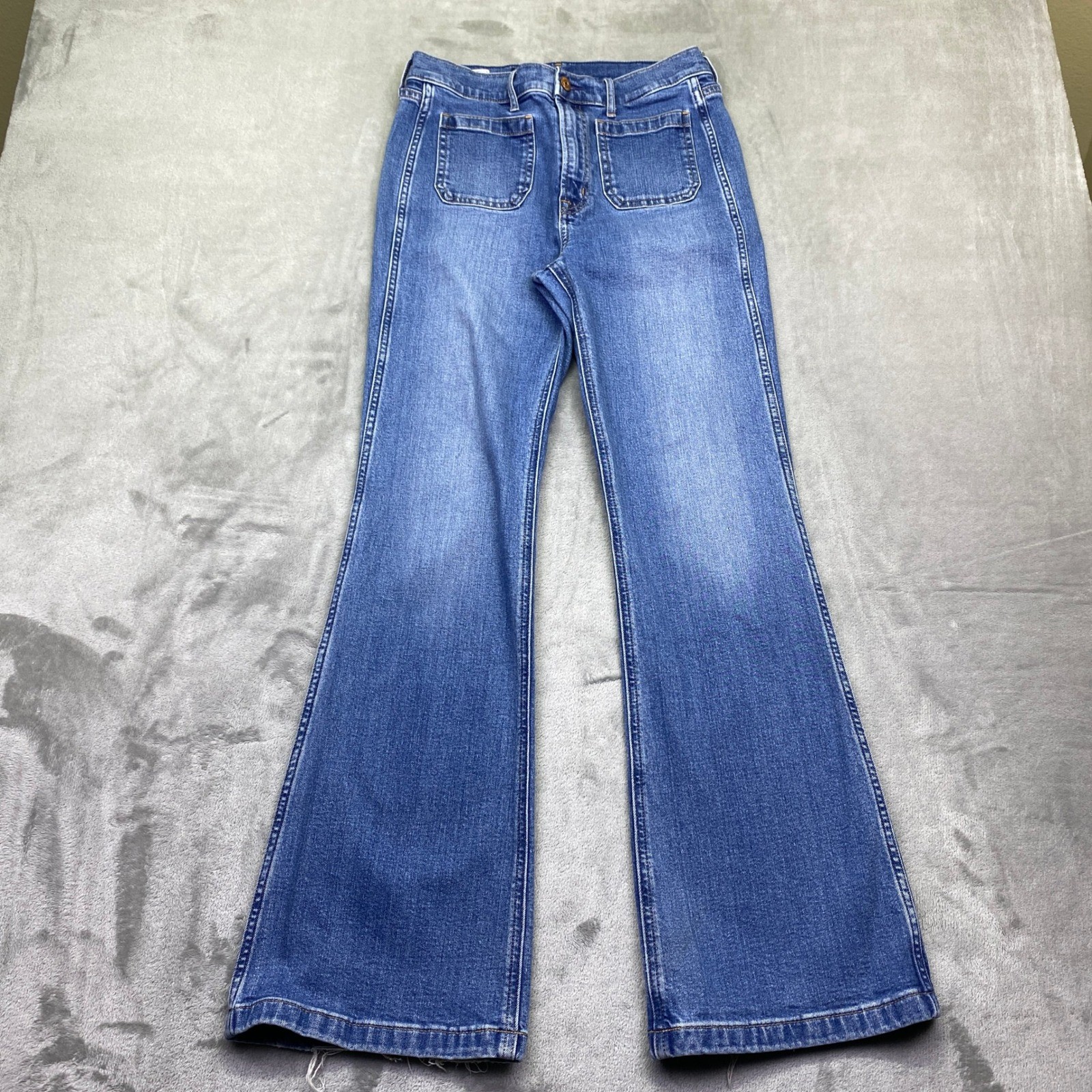 Gap 70s Flare High Rise Jeans Blue Medium Wash Patch Pocket Womens 29/8R