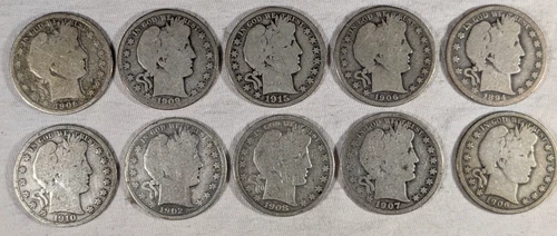 LOT OF 10 BARBER HALF DOLLAR COINS 90% SILVER $5 FACE VALUE #53