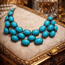 VINTAGE BILL BLASS Turquoise Cabochon Statement Necklace Double Row Black Chain