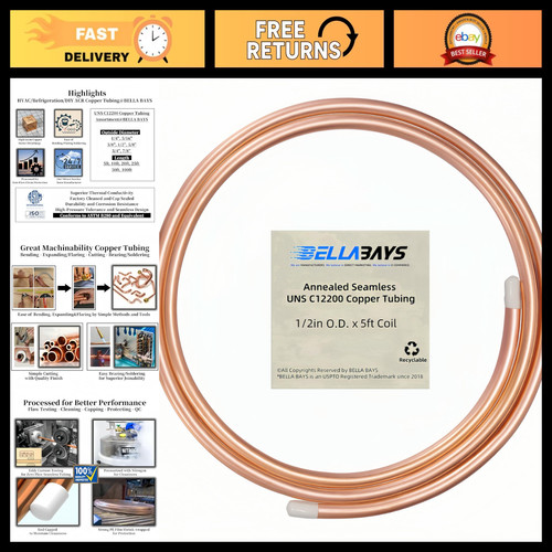 1/2" OD Copper Tubing 5ft Seamless Soft Coil ACR Refrigeration HVAC DIY T2