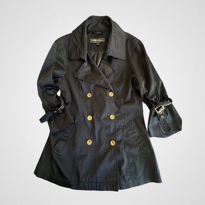 SouthPole Collection Womens Black Double Breasted Trench Coat Gold Buttons M