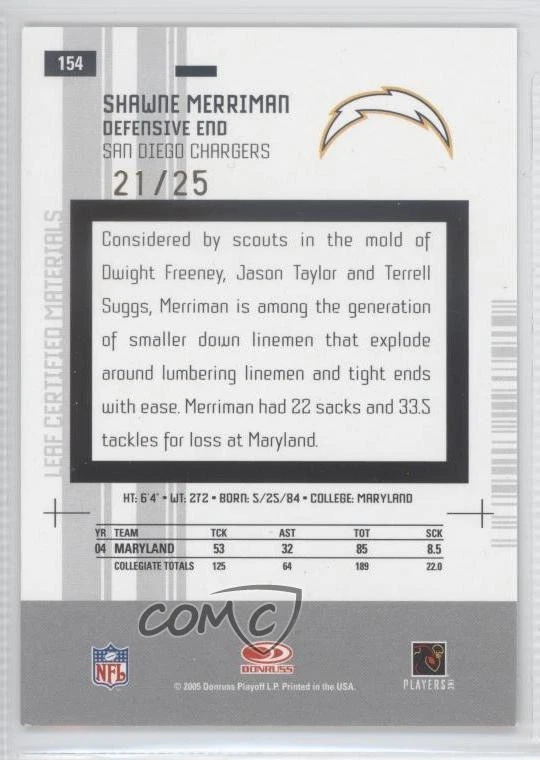 2005 Leaf Certified Materials Mirror Gold /25 Shawne Merriman #154 Rookie RC - Image 2 of 2