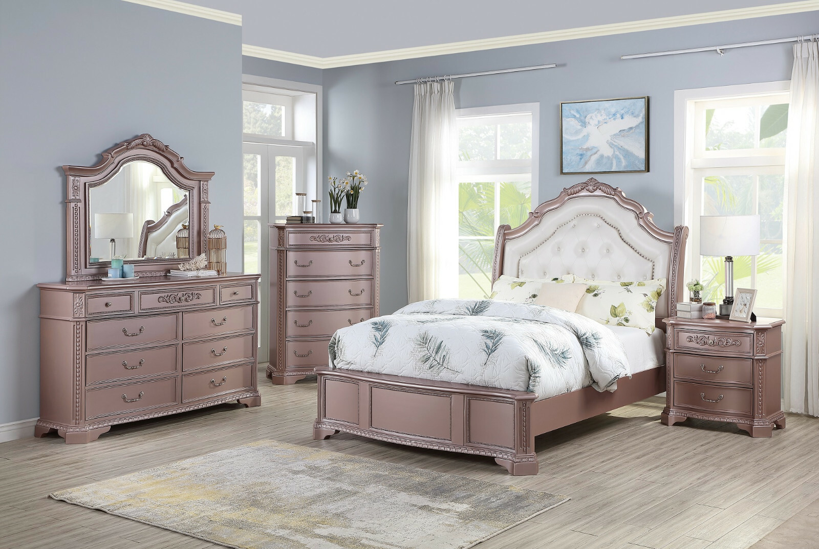 White Rustic Queen Size Bed 4pc Set Bedroom Nightstand Dresser Mirror Wood For Sale Online Ebay