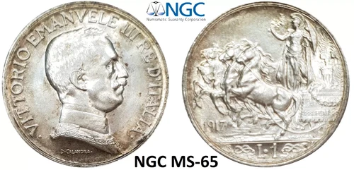 NGC Italy 1917 MS 65 1 Lira Silver Coin Quadriga Lire Rare Type