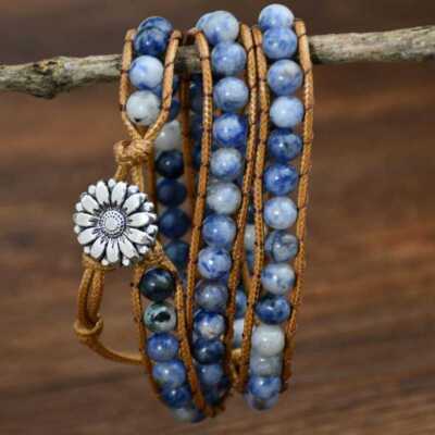 6mm blue chalcedony beads cowhide rope cuff bracelet Handmade Men Women