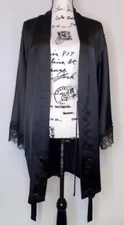 VICTORIAS SECRET Black Satin Kimono Robe LRG Sexy Lace Wrap Short Coverup Belted