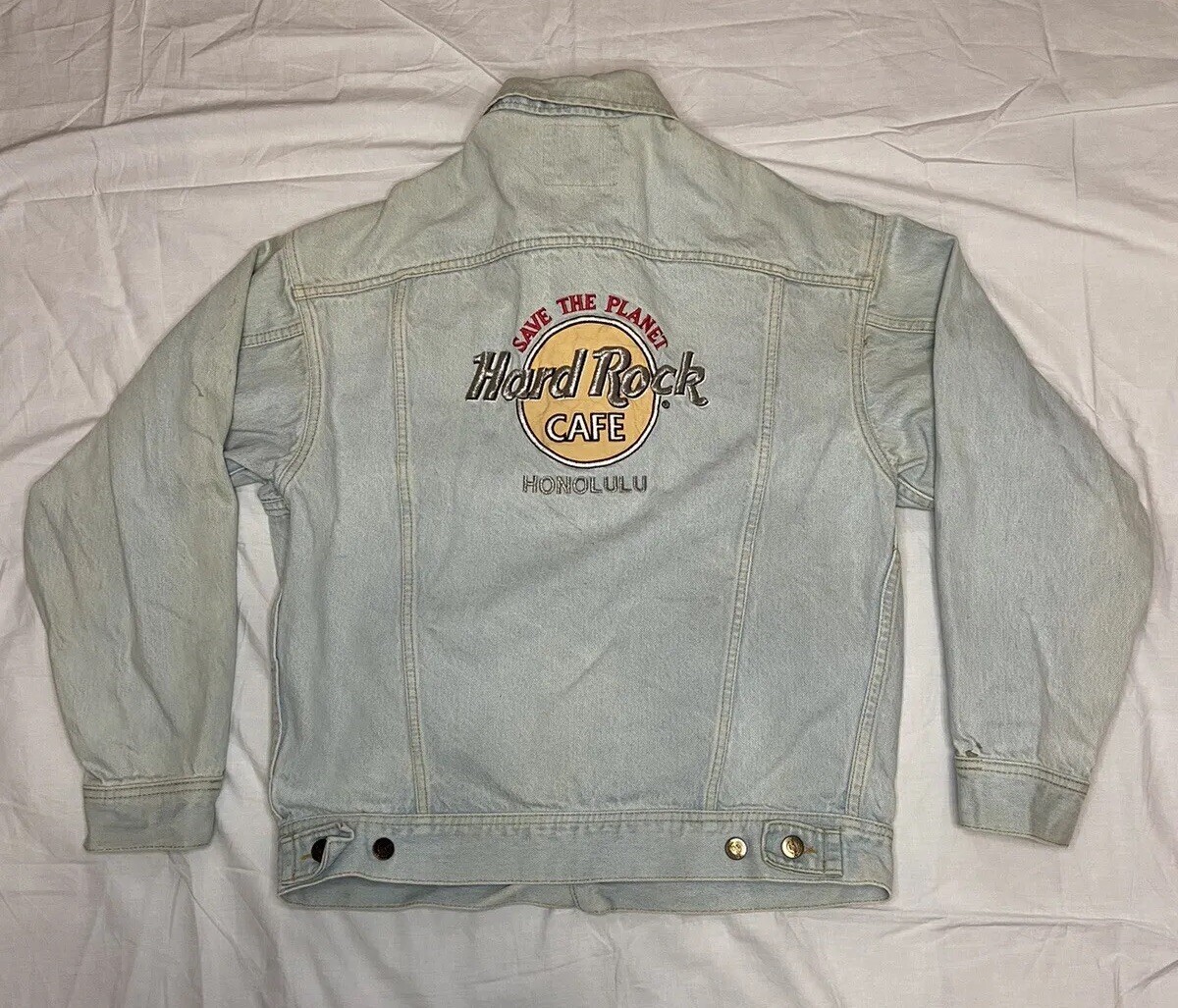HARD ROCK CAFE Denim Jacket with Back Logo, Men's Size M (approx.) cotton blue type Vintage Second Hand