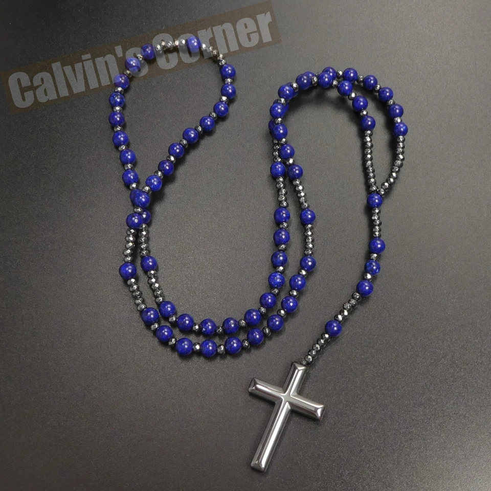Lapis Lazuli Black Hematite Rosary Necklace Catholic Christ Cross Men Women Gift - Image 2 of 4