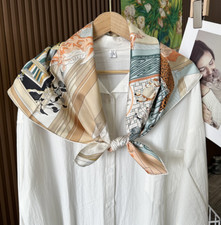 Pure 18 Momme Twill Silk Bandanna Scarf Wrap horse Print Square Shawl 88X88cm