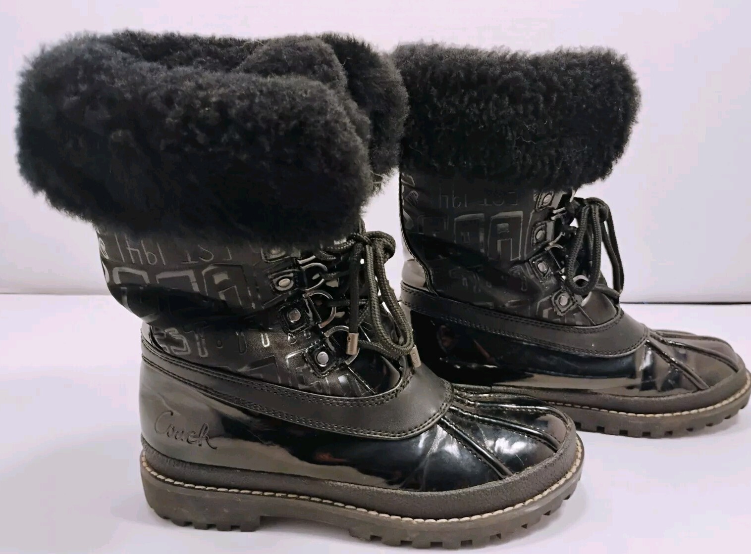 Y2K Coach Leonora Black Luxe Fur Laced Waterproof Snow Boots Womens Sz 5 1/2