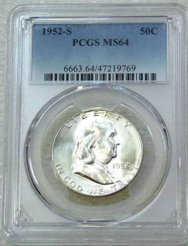 1952-S Franklin Half Dollar PCGS MS64 95% FBL Frosty White PQ New Holder #N301Z