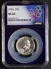 1943 Washington Quarter NGC MS64