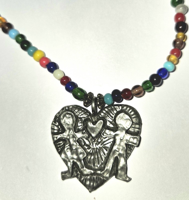 Vintage Artist Signed Manae USA Glass Bead Pewter Heart Necklace