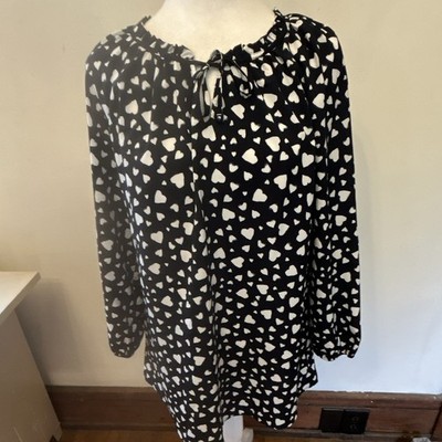 Croft & Barrow Tie Neck Blouse L Navy White Heart Print Puff Long Sleeve