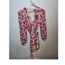 NWT Express Pink Floral Wrap Belted V-Neck Long Sleeve Shorts Romper XS