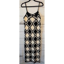Boohoo Womens Crochet Maxi Dress Black White Diamond Knit Boho Festival Size M