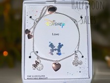 Disney Silver Plated Bracelet Minnie Mickey Hearts Love Adjustable Gift Box