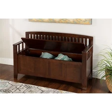 Linon Cynthia Wood Storage Bench FlipTop Slat Back & Side in Walnut Brown Finish