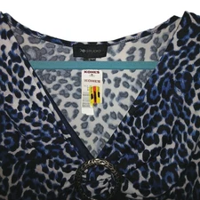 NWT AB STUDIO Womens L Animal Empire 3/4 Sleeve V-Neck Slinky Top Blue Black 