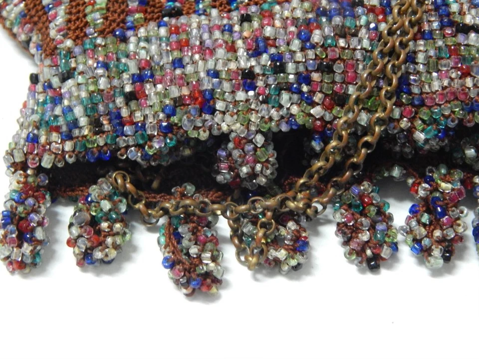 ANTIQUE FRENCH ARTE' NOUVEAU BEADED FLAPPER BAG brass chain handle + satin c1920 - Image 4 of 4