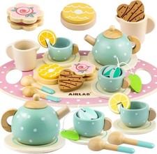 Wooden Tea Set for Little Girls Play Food Pretend Kitchen Accessories...