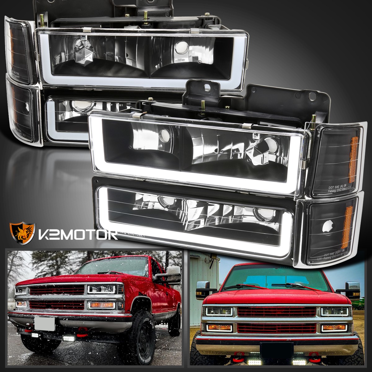 Fits 1994-1998 Chevy C/K 1500 2500 LED Tube Black Headlights+