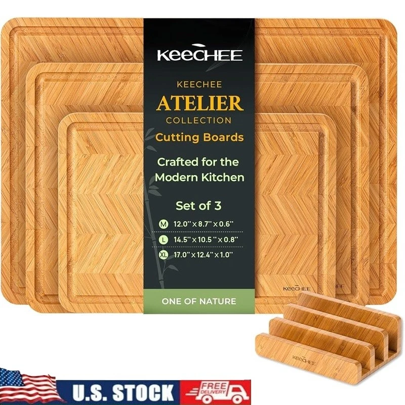 Bamboo Cutting Boards 3 Sizes Knife Friendly Eco-Friendly Design W/ Stand New