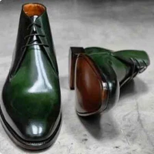 Handmade Men's New Green Leather Shaded Lace Up Low Ankle Chukka Boots