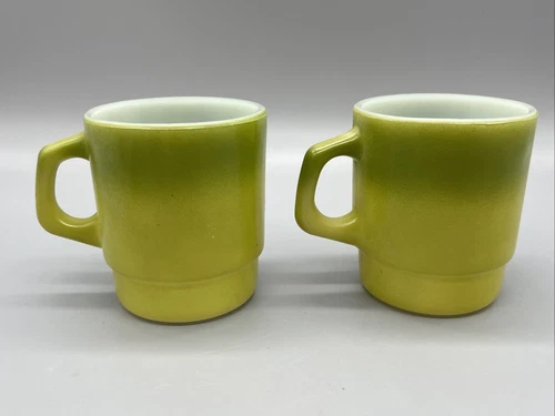 2 Vtg Anchor Hocking Fire King Stackable Coffee Mugs Cups Green
