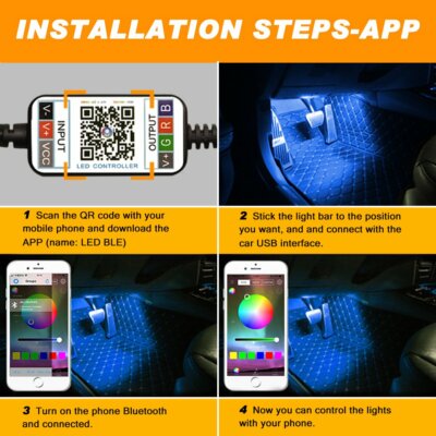 Tira LED RGB 48 LED Controlada Por Bluetooth Y App Para Interior De Coche – 4 Piezas
