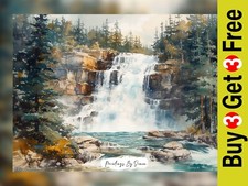 Majest&auml;tischer Wasserfall Landschaft Aquarell, Gem&auml;lde Druck 5"x7" auf mattem Papier