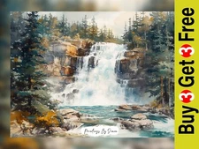 Majestic Waterfall Landscape Watercolor, Painting Print 5"x7" on Matte Paper